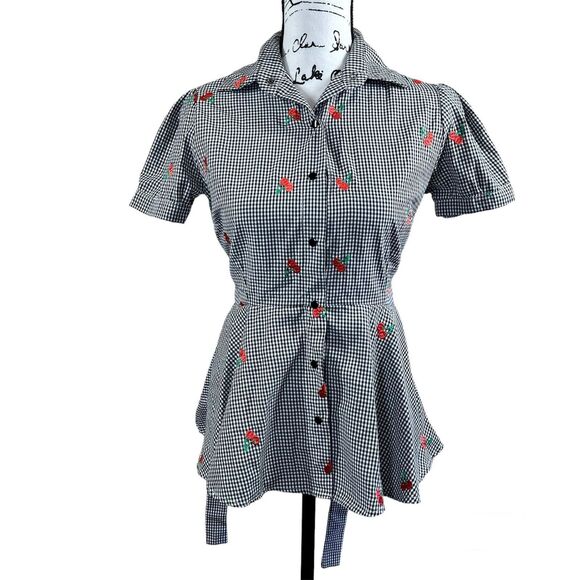 Hemet Gingham and Cherries Peplum Top size S pin up doll barbie Grease pink lady - Picture 1 of 16